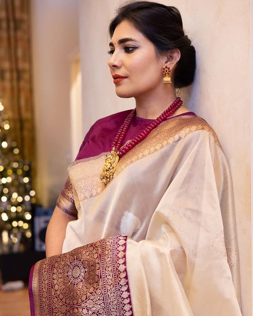 Off-White Silk Saree with Royal Purple Banarasi Border