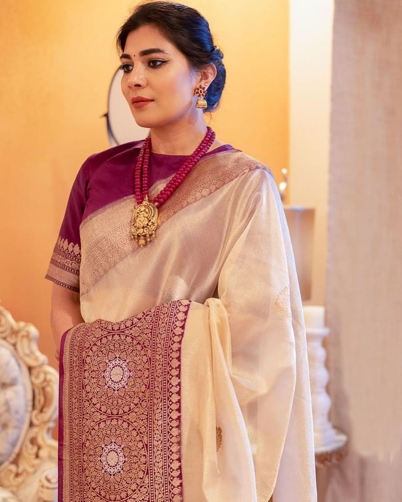 Off-White Silk Saree with Royal Purple Banarasi Border