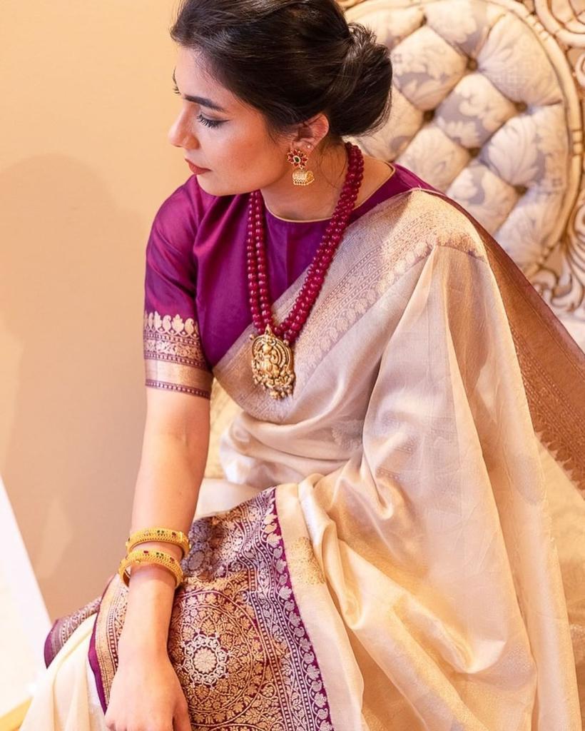 Off-White Silk Saree with Royal Purple Banarasi Border