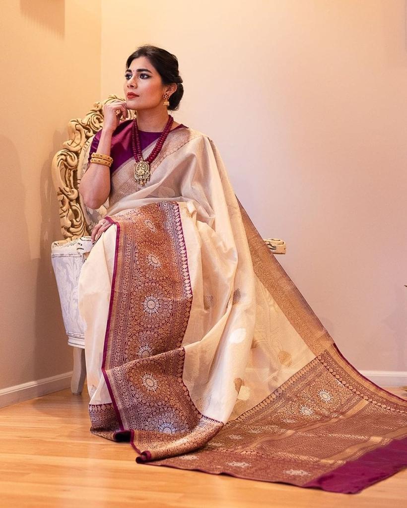 Off-White Silk Saree with Royal Purple Banarasi Border