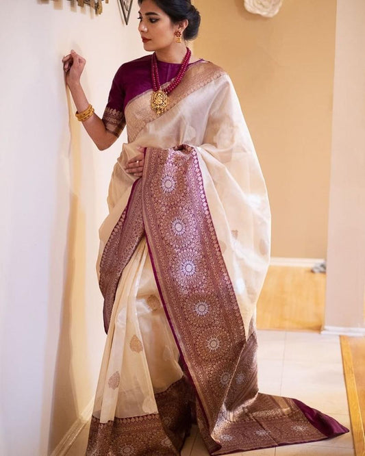 Off-White Silk Saree with Royal Purple Banarasi Border