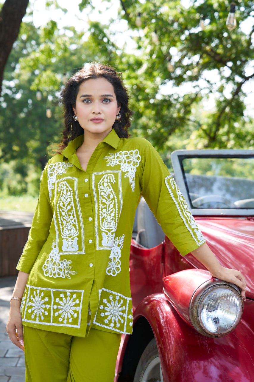 Olive Bloom Embroidered Co-Ord Set for Women