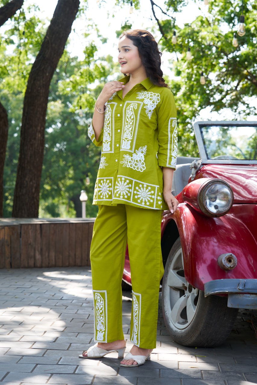 Olive Bloom Embroidered Co-Ord Set for Women