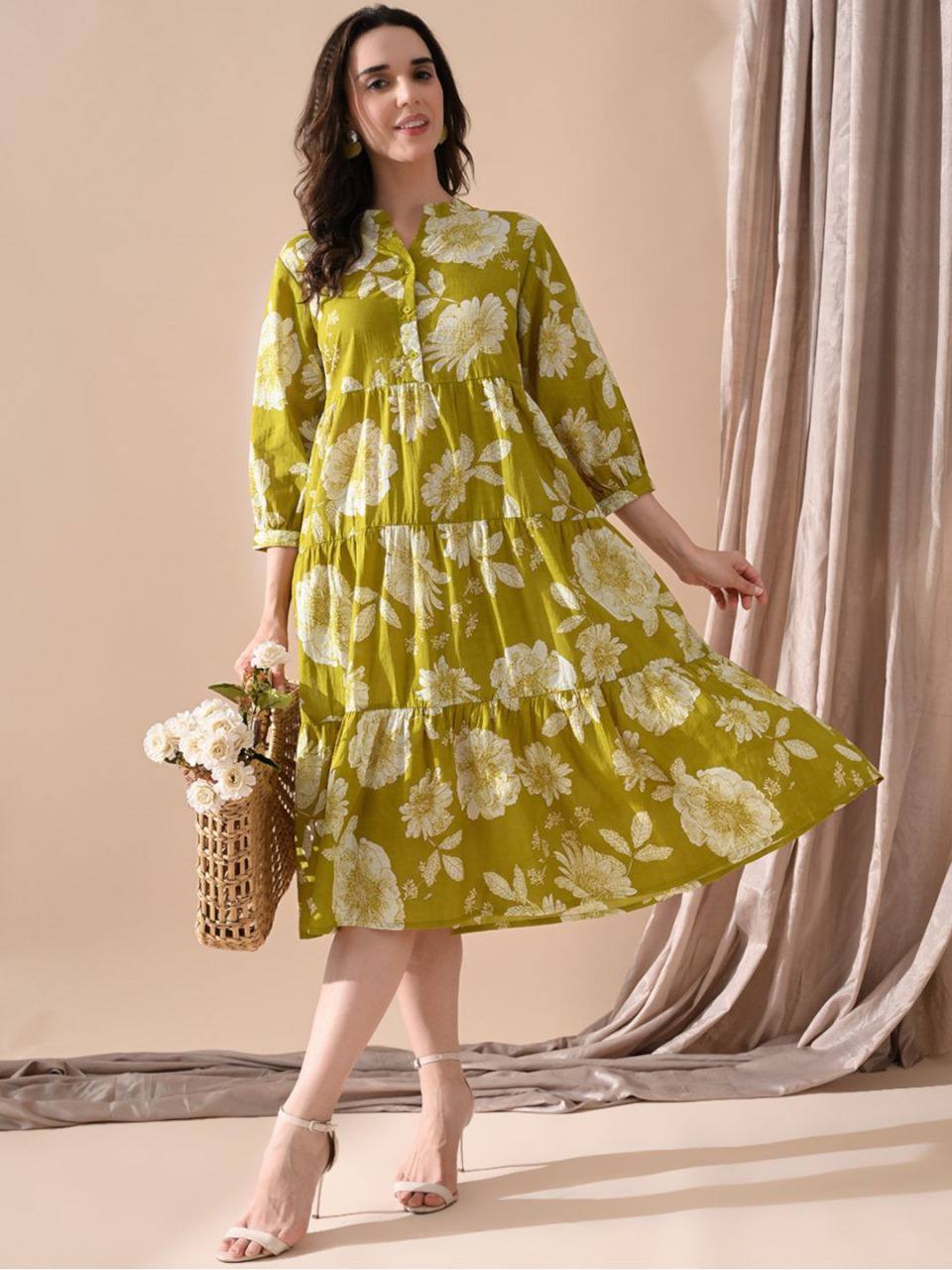 Olive Green Floral Printed Tiered Midi Dress for Women
