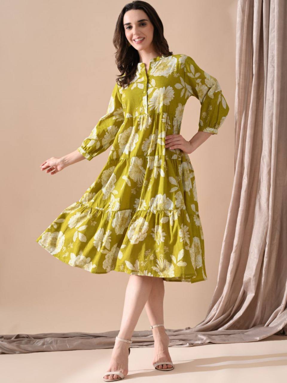 Olive Green Floral Printed Tiered Midi Dress for Women