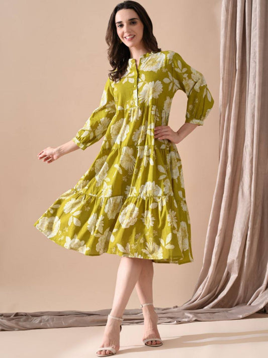 Olive Green Floral Printed Tiered Midi Dress for Women