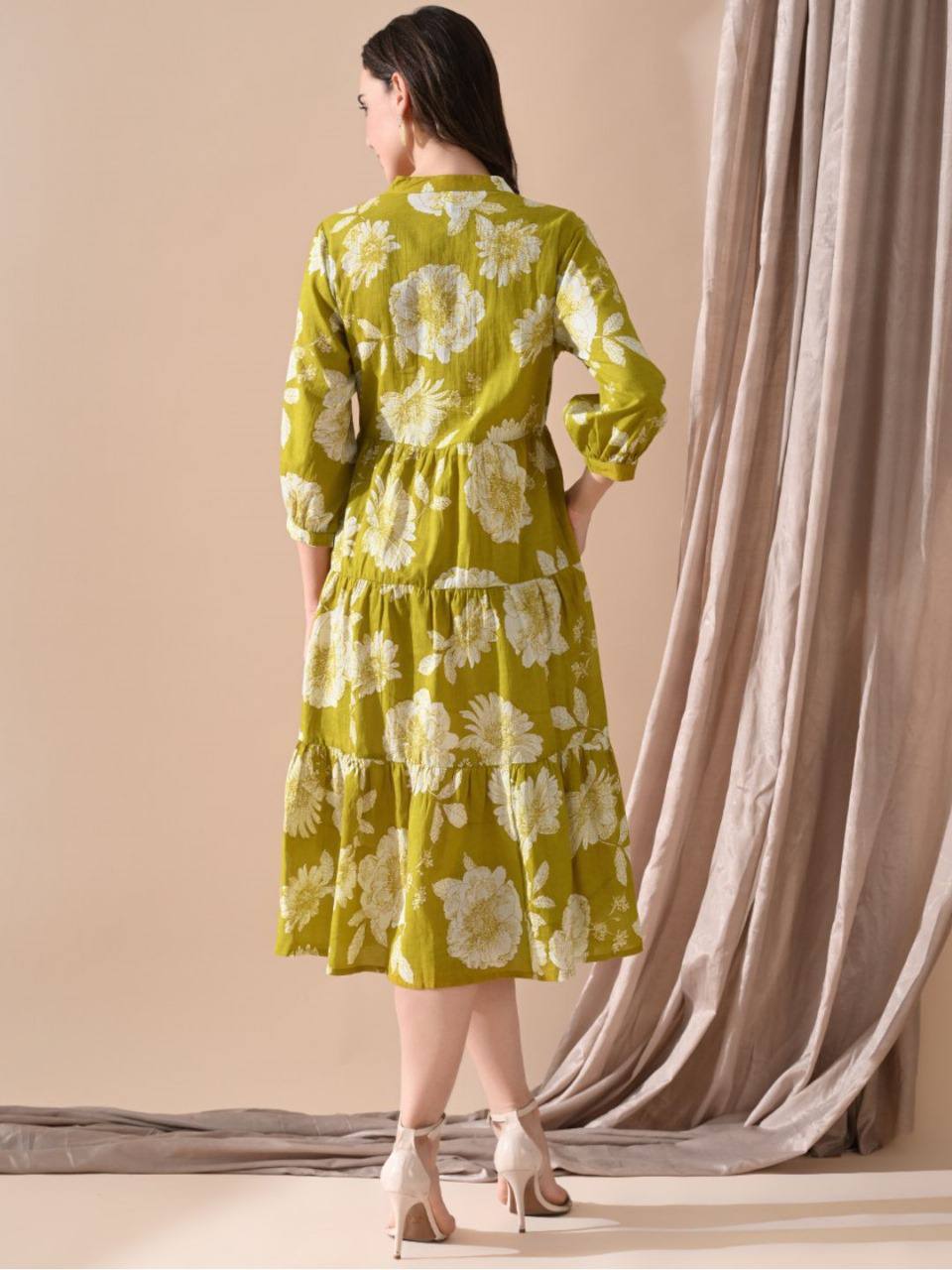 Olive Green Floral Printed Tiered Midi Dress for Women