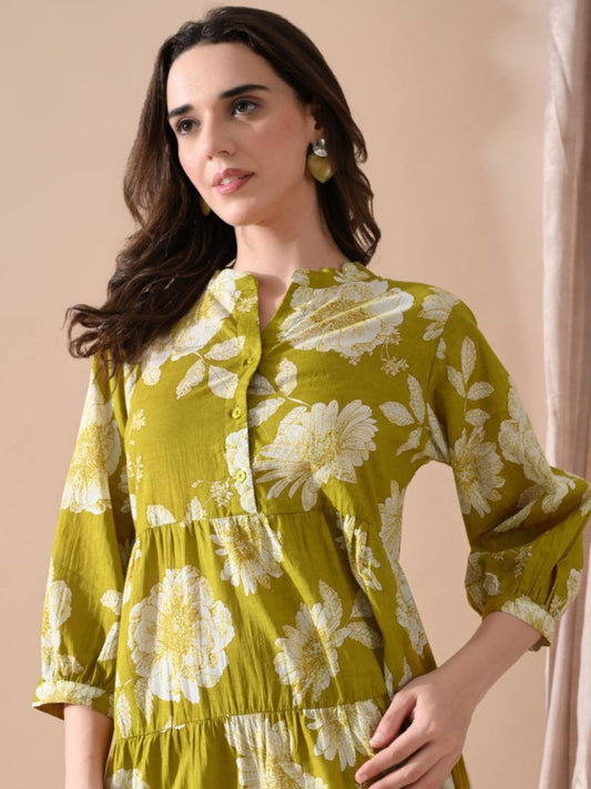 Olive Green Floral Printed Tiered Midi Dress for Women