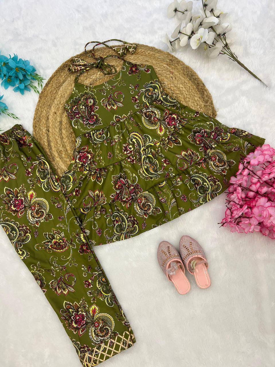 Olive Green Printed Tiered Co-Ord Set for Girls