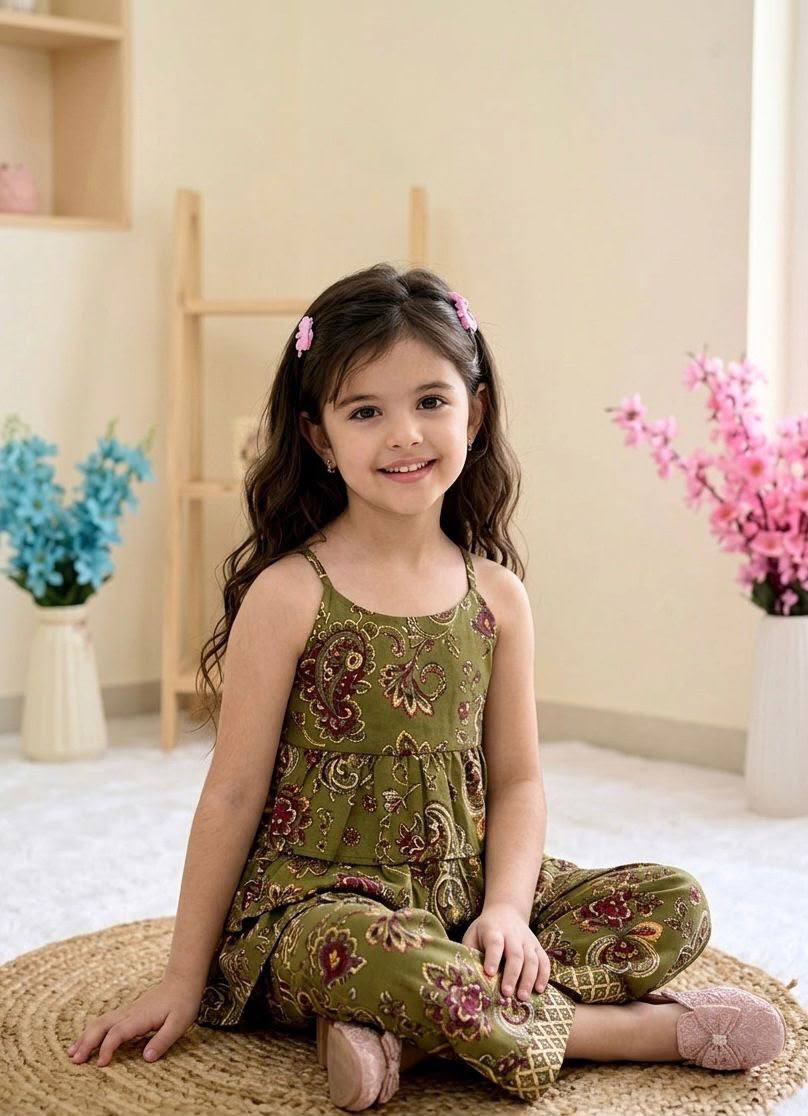 Olive Green Printed Tiered Co-Ord Set for Girls