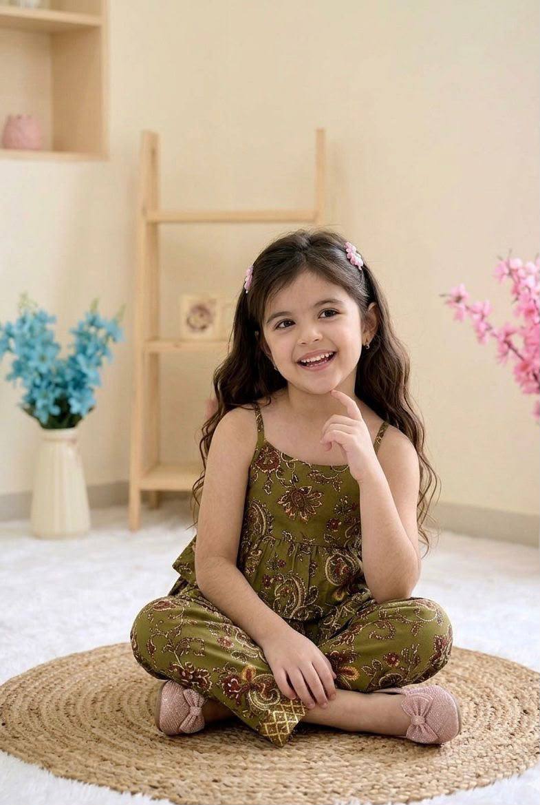 Olive Green Printed Tiered Co-Ord Set for Girls