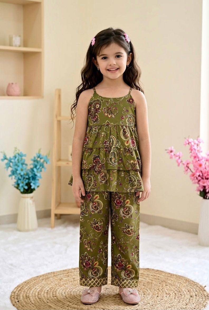 Olive Green Printed Tiered Co-Ord Set for Girls