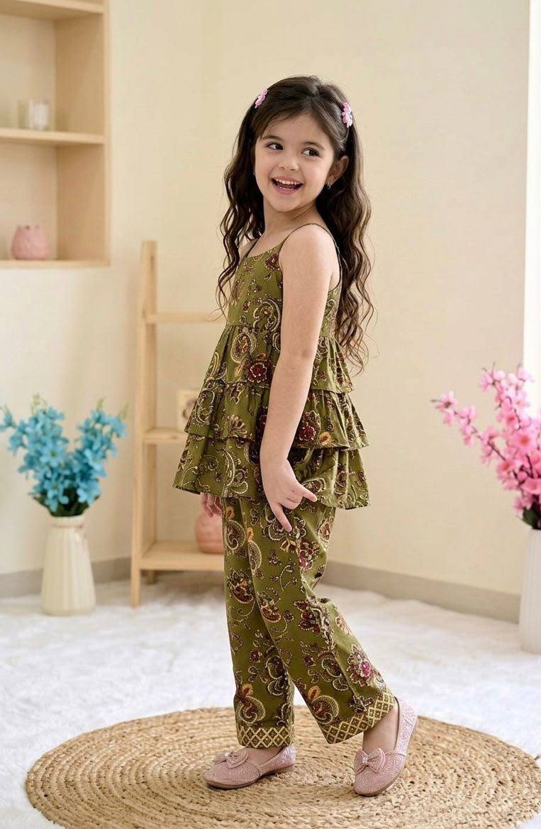 Olive Green Printed Tiered Co-Ord Set for Girls