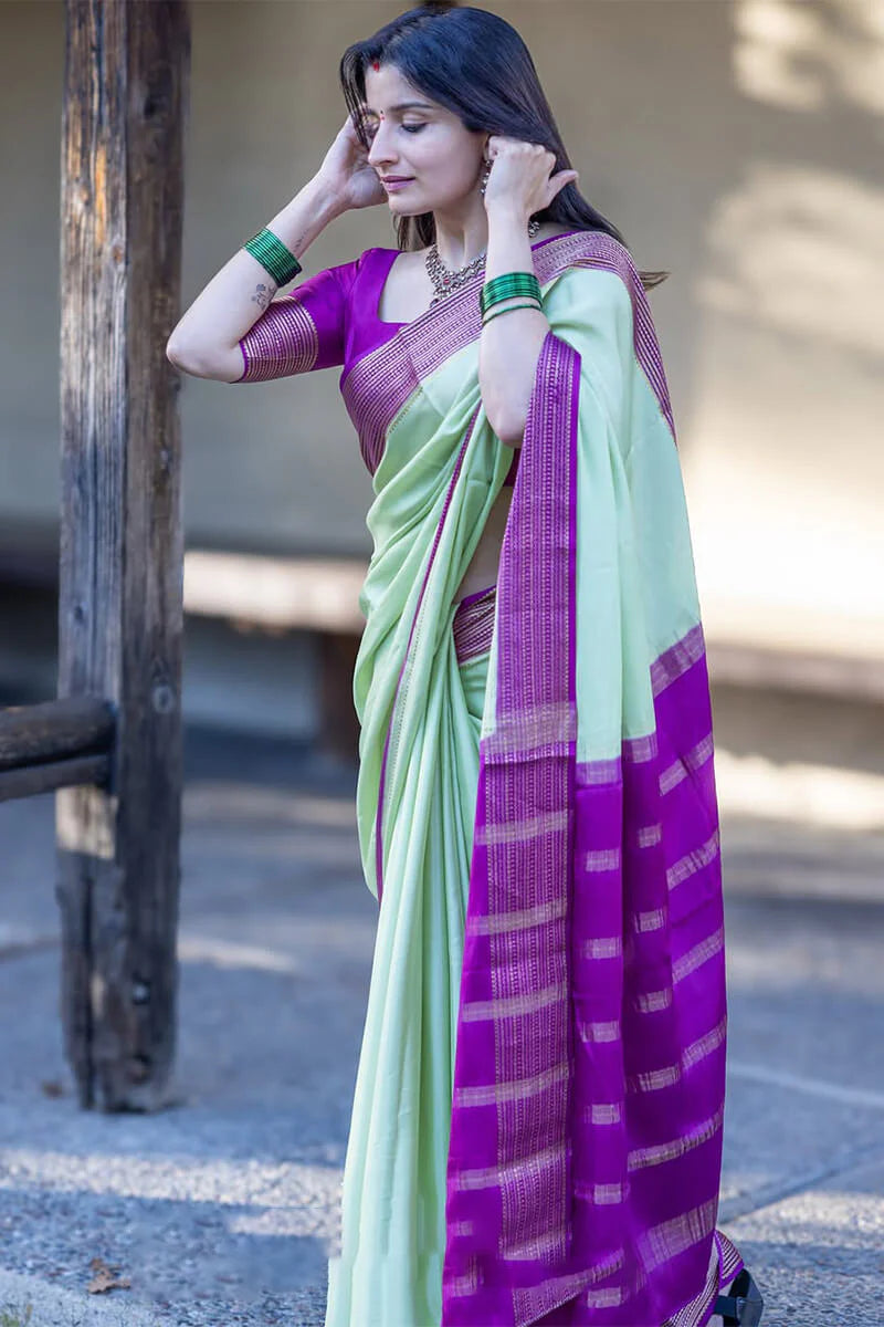 Pista Royale Silk Saree with Magenta Border