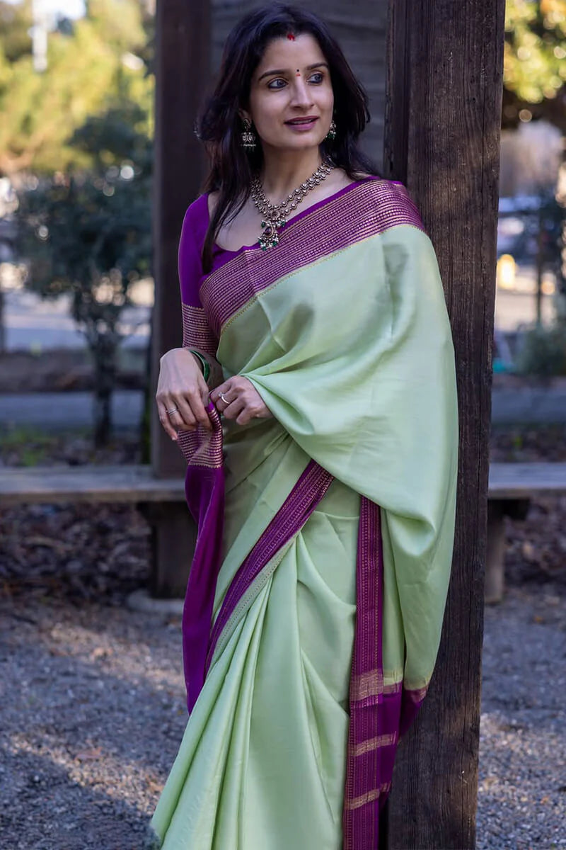Pista Royale Silk Saree with Magenta Border
