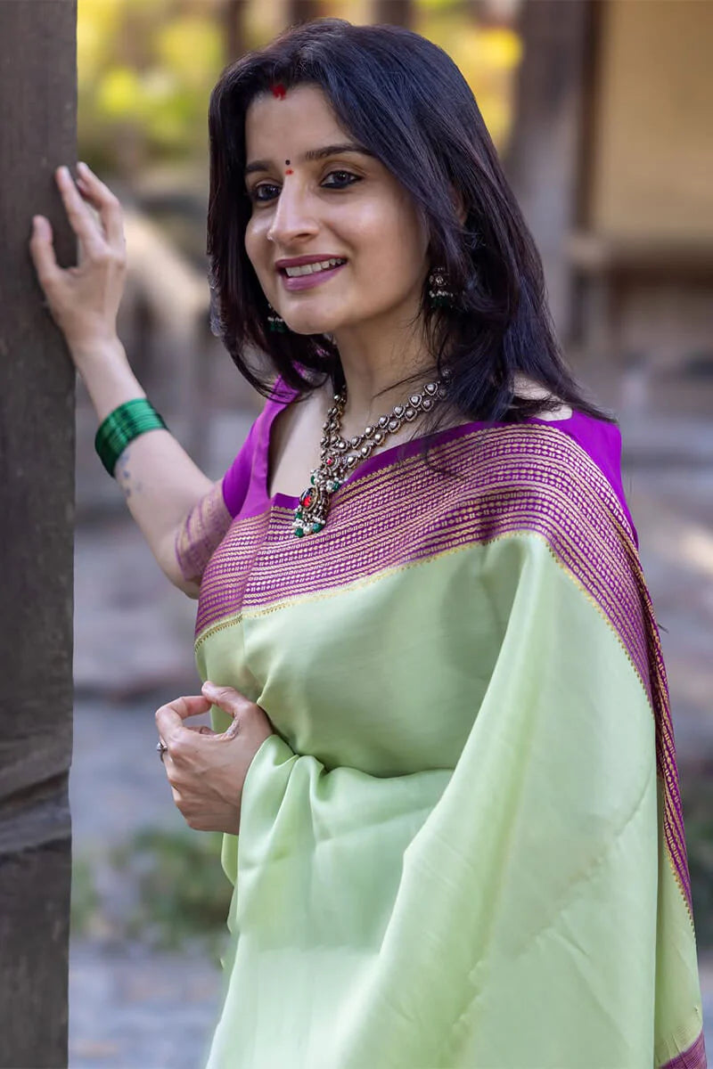 Pista Royale Silk Saree with Magenta Border