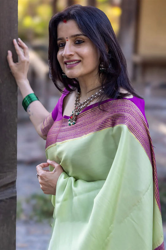 Pista Royale Silk Saree with Magenta Border