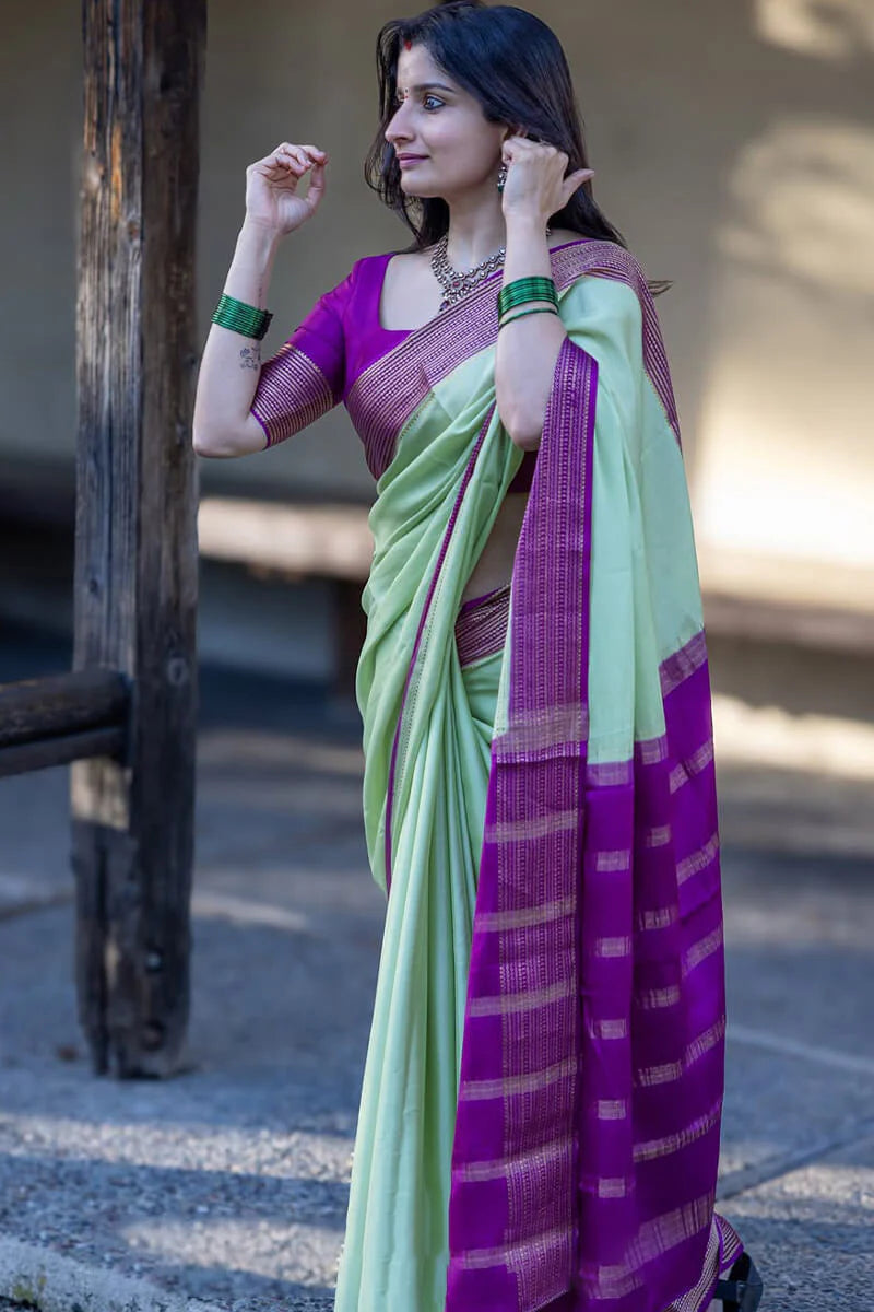 Pista Royale Silk Saree with Magenta Border