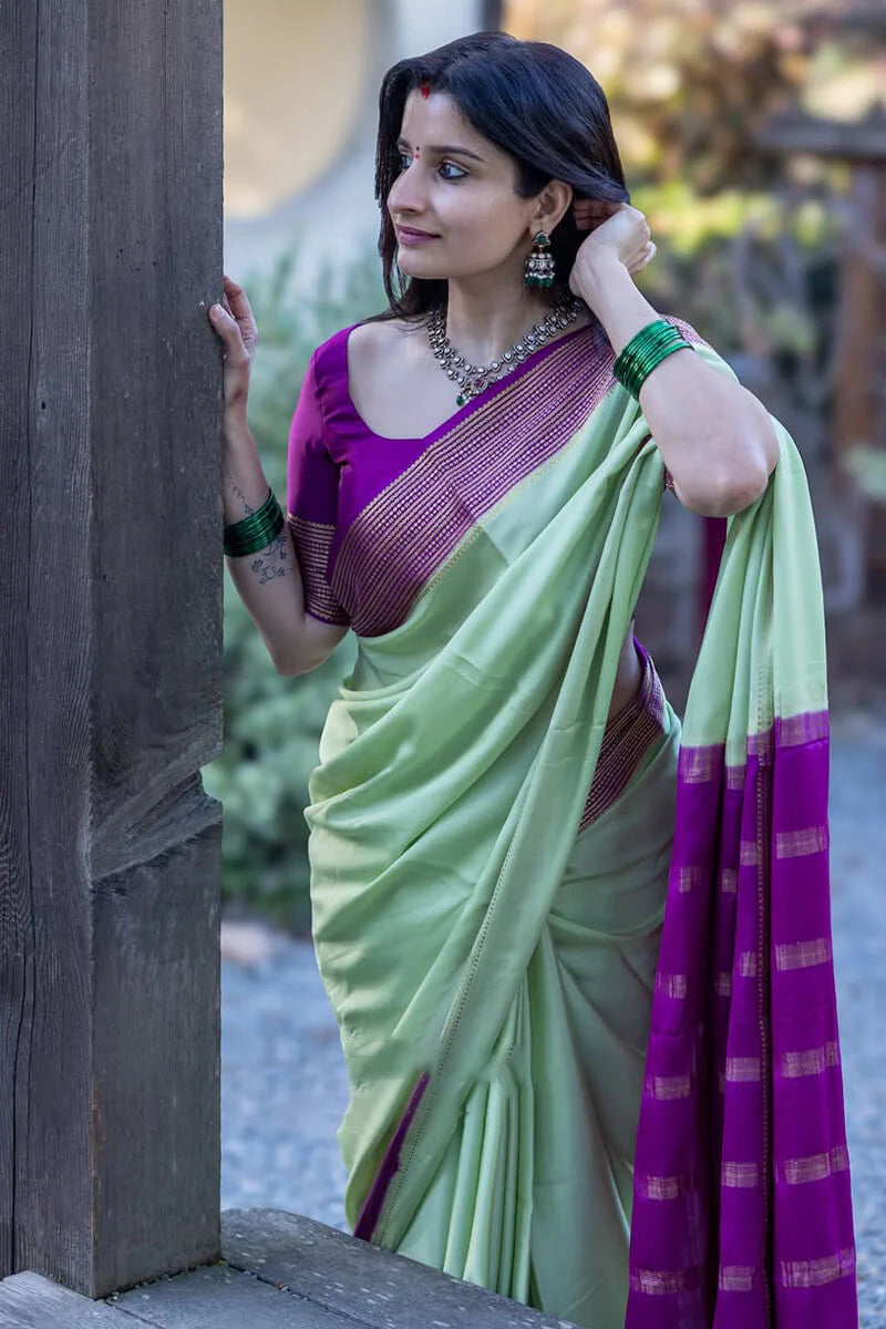 Pista Royale Silk Saree with Magenta Border