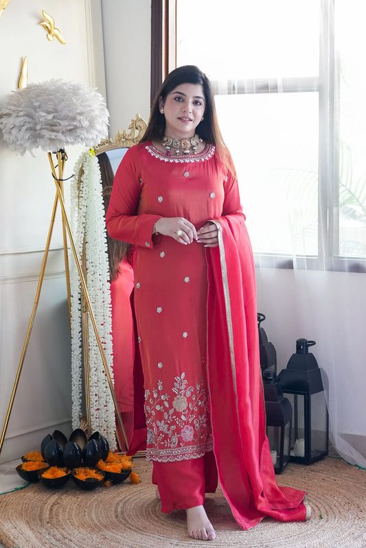 Rani Red Festive Embroidered Kurta Palazzo Set with Dupatta