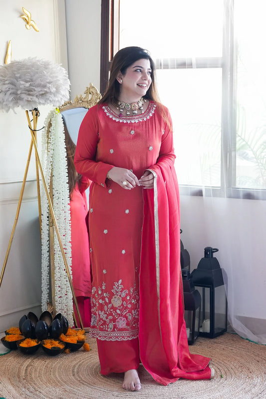 Rani Red Festive Embroidered Kurta Palazzo Set with Dupatta