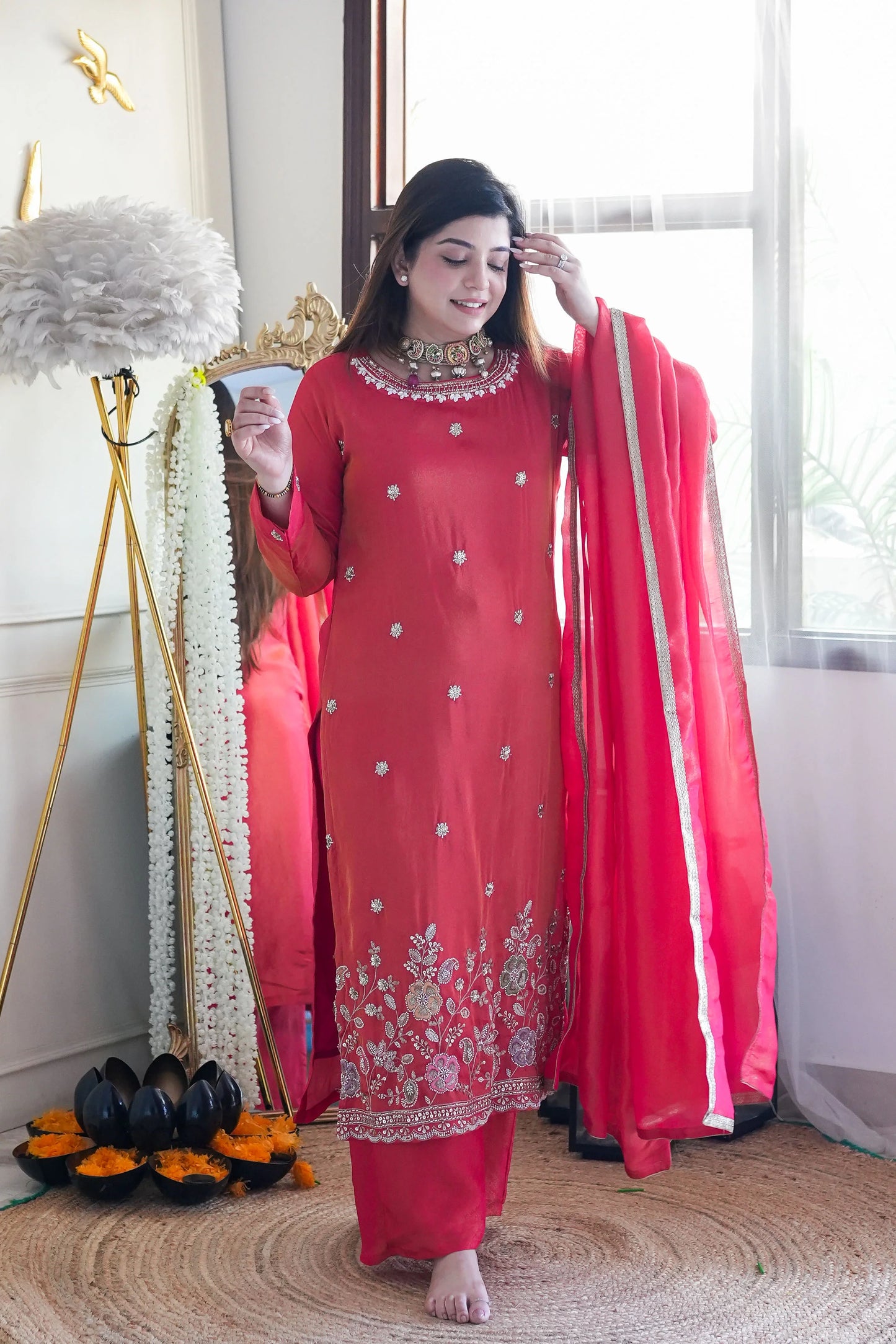 Rani Red Festive Embroidered Kurta Palazzo Set with Dupatta