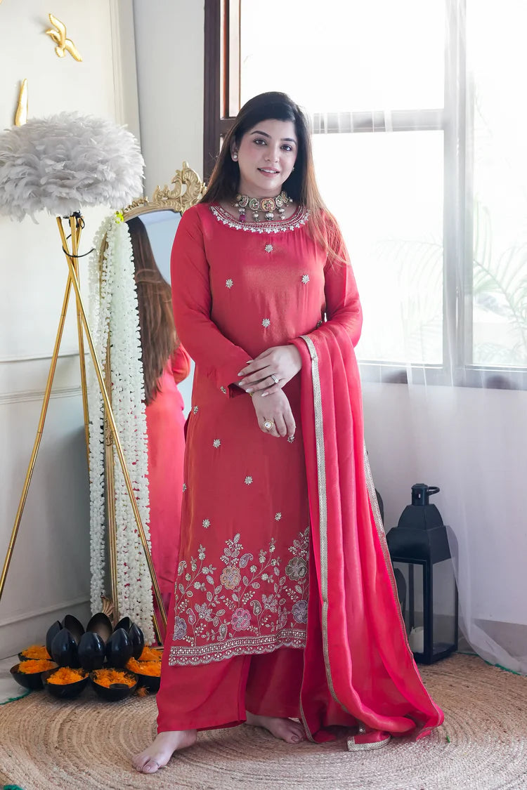 Rani Red Festive Embroidered Kurta Palazzo Set with Dupatta