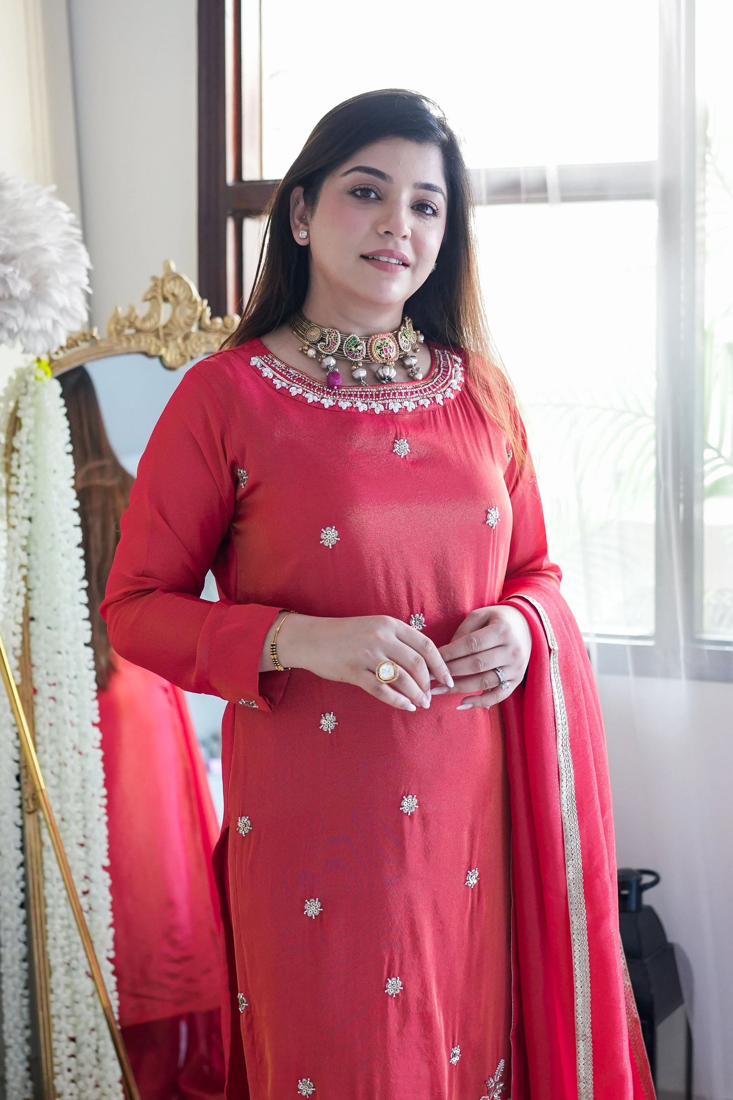 Rani Red Festive Embroidered Kurta Palazzo Set with Dupatta