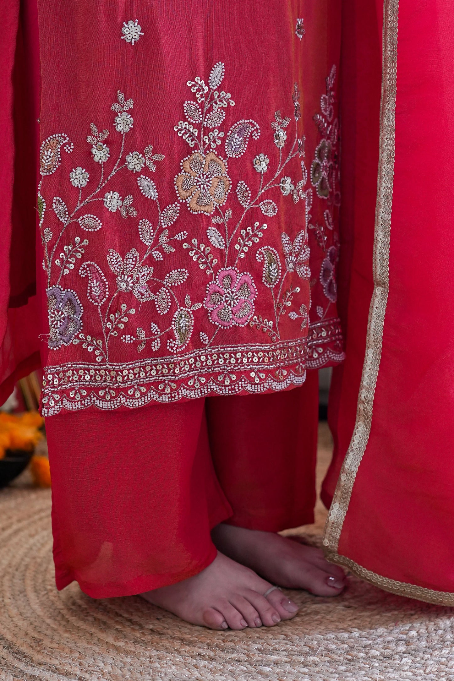 Rani Red Festive Embroidered Kurta Palazzo Set with Dupatta