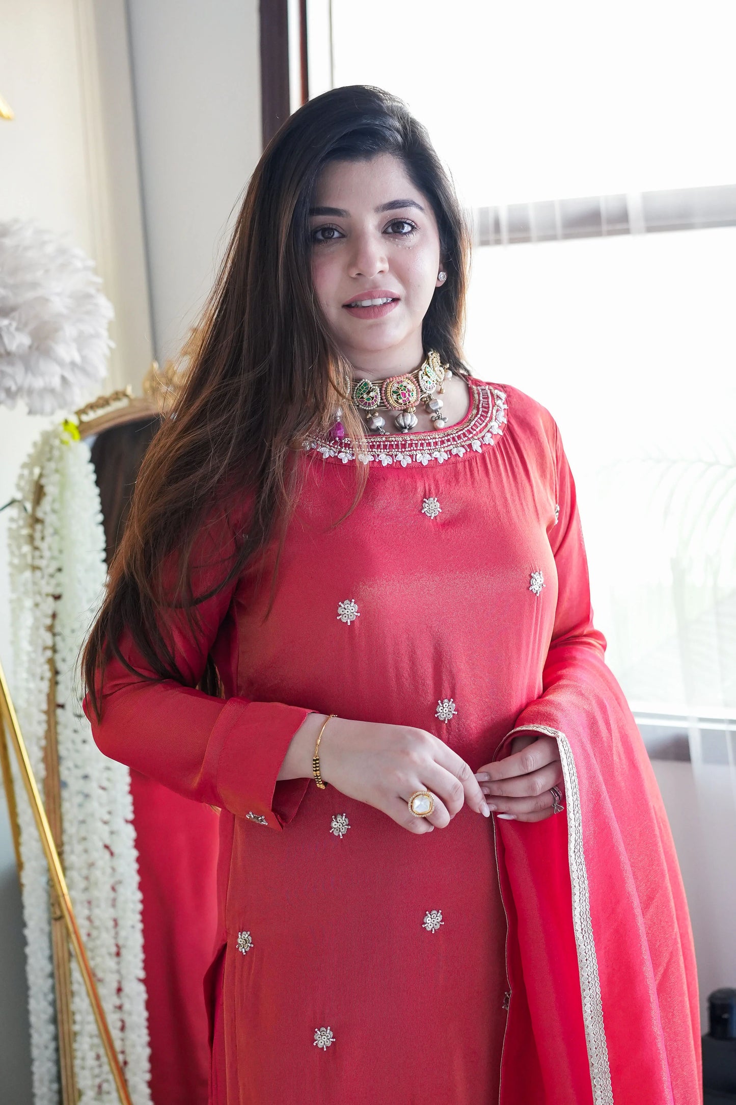 Rani Red Festive Embroidered Kurta Palazzo Set with Dupatta