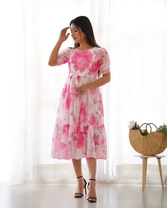 Rosé Bloom Organza Midi Dress for Women