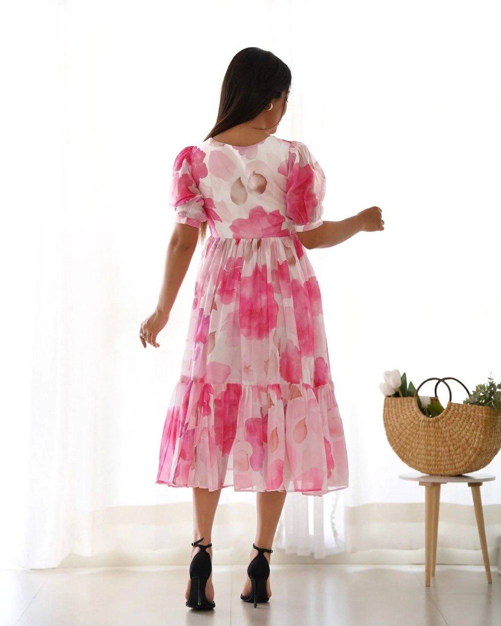 Rosé Bloom Organza Midi Dress for Women