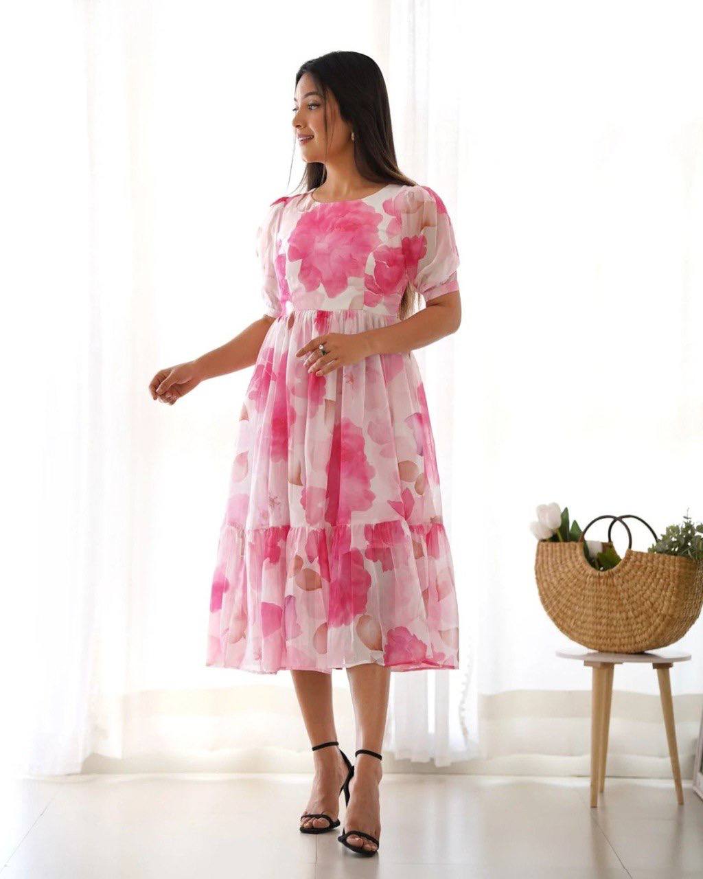 Rosé Bloom Organza Midi Dress for Women