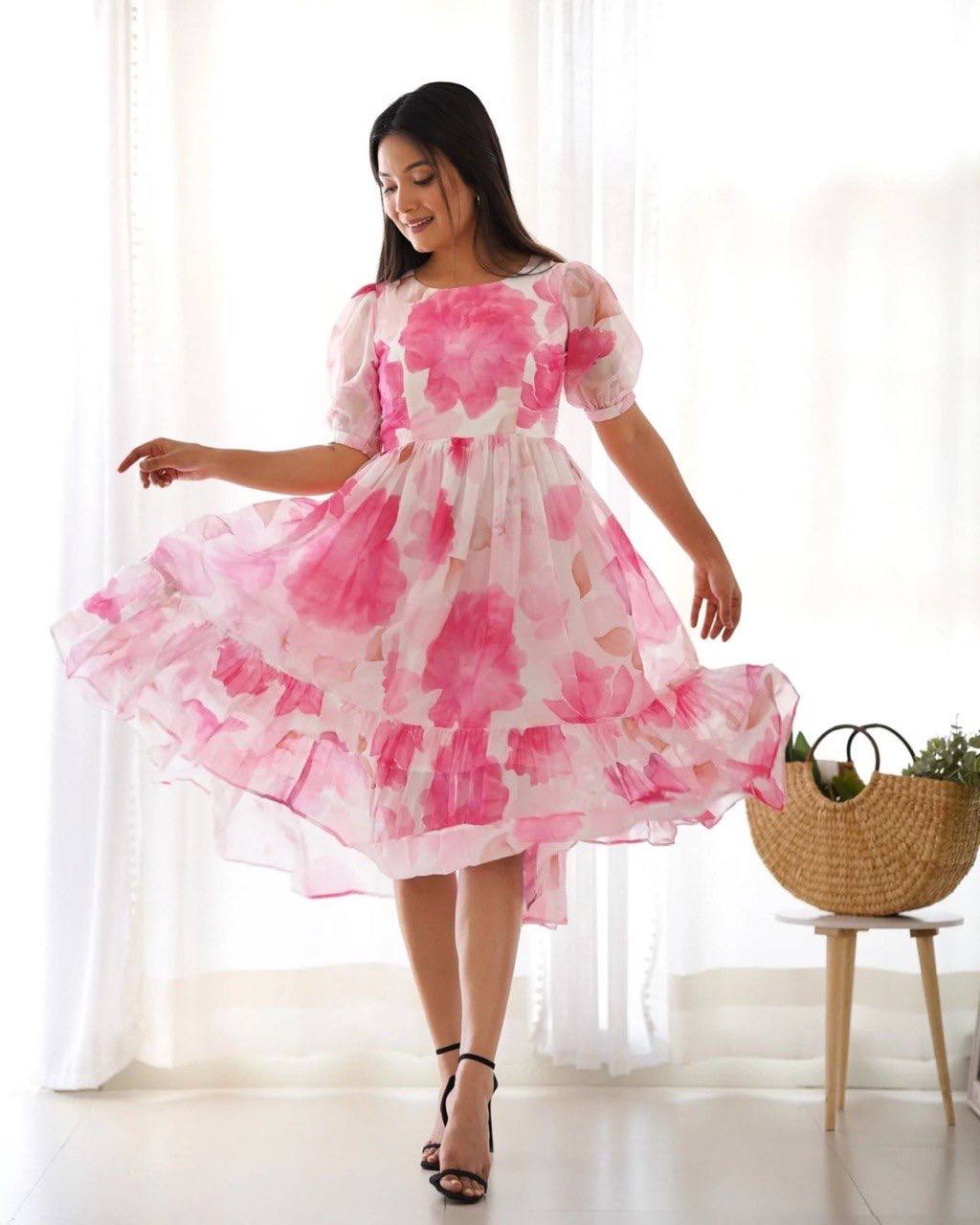 Rosé Bloom Organza Midi Dress for Women