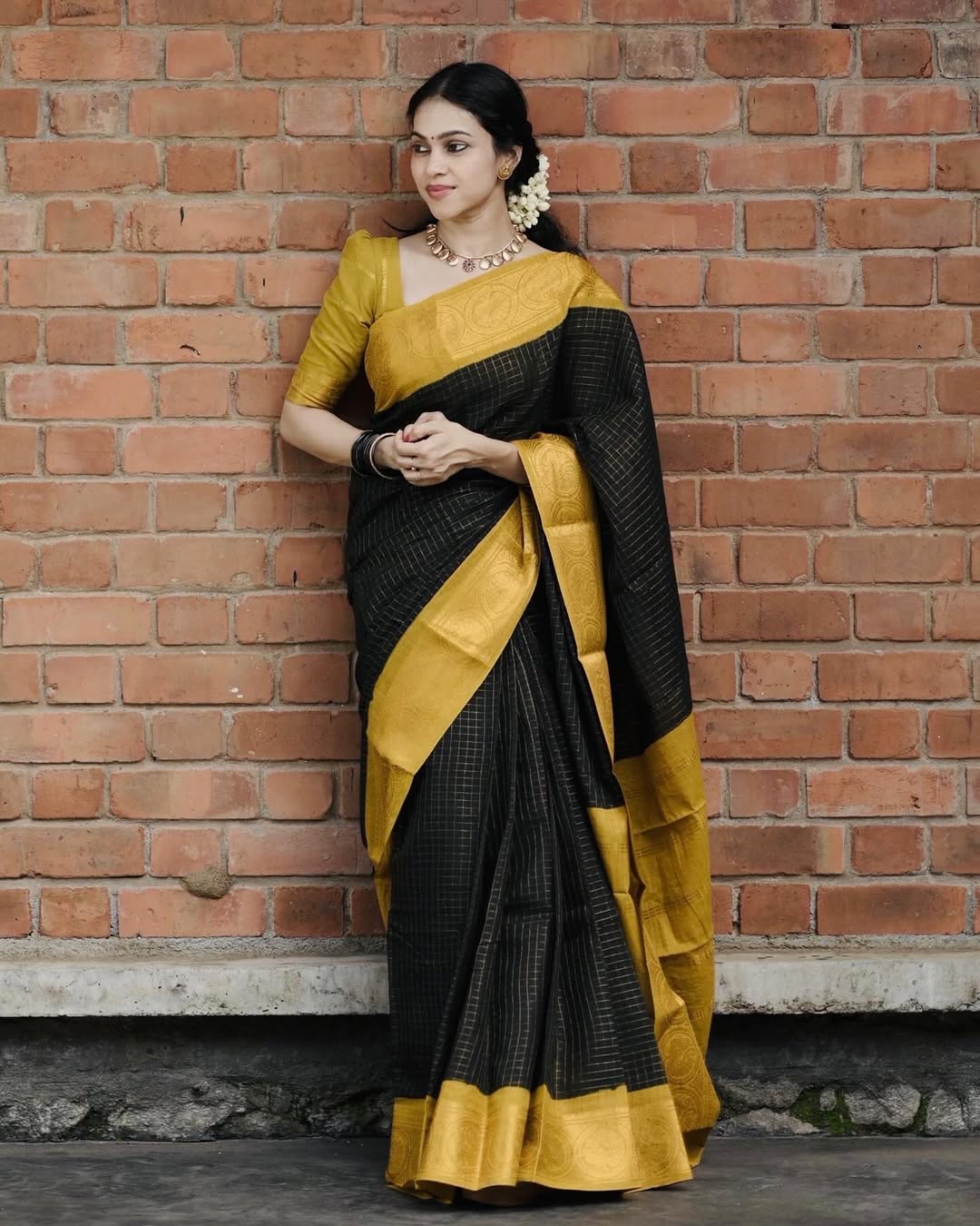 Royal Black & Mustard Zari Border Soft Silk Saree