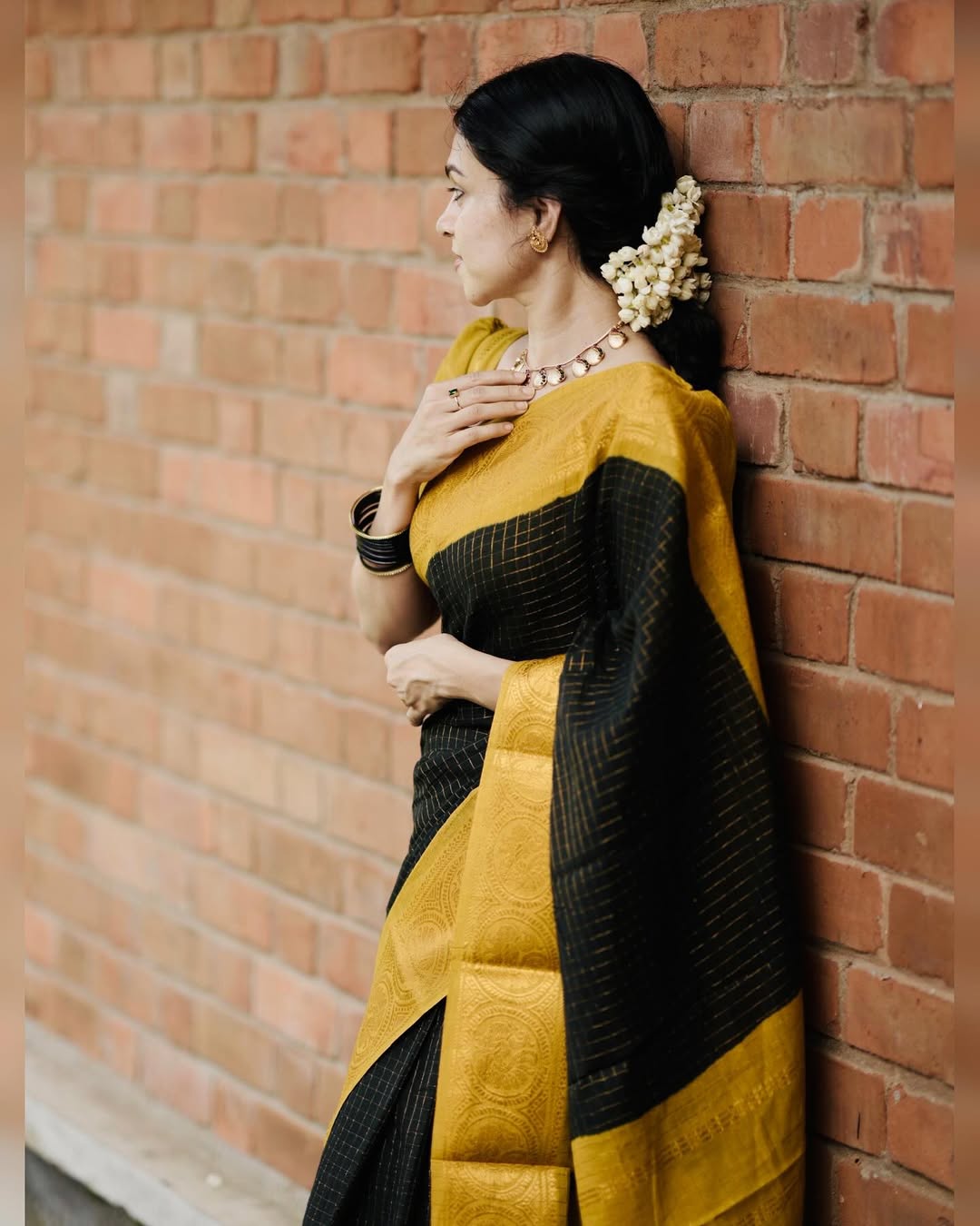 Royal Black & Mustard Zari Border Soft Silk Saree