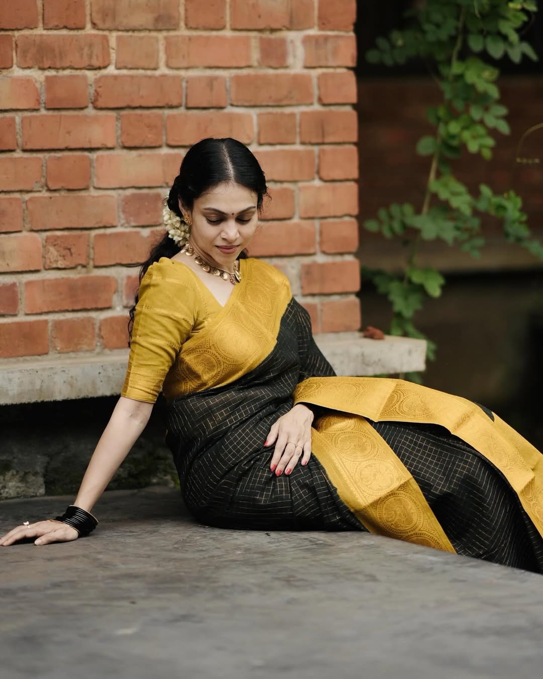 Royal Black & Mustard Zari Border Soft Silk Saree