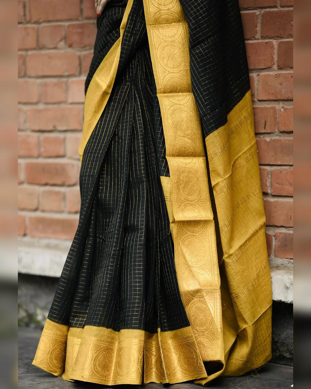 Royal Black & Mustard Zari Border Soft Silk Saree