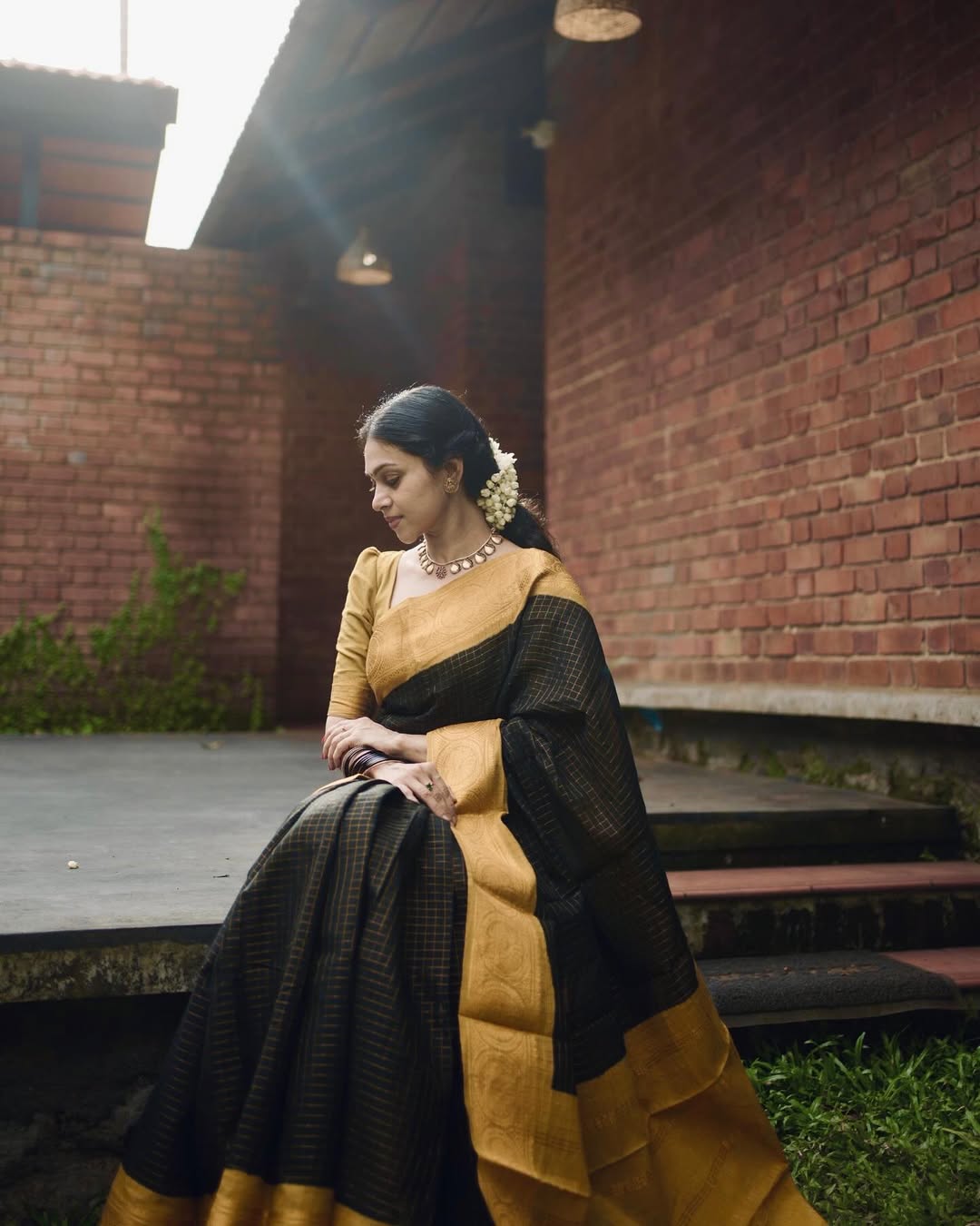 Royal Black & Mustard Zari Border Soft Silk Saree