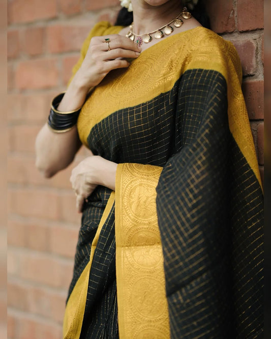 Royal Black & Mustard Zari Border Soft Silk Saree
