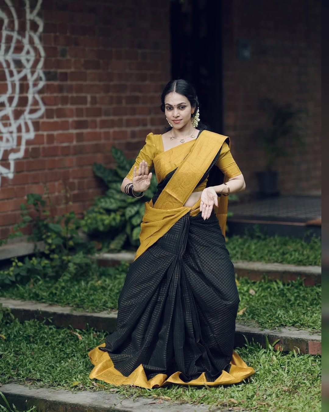 Royal Black & Mustard Zari Border Soft Silk Saree