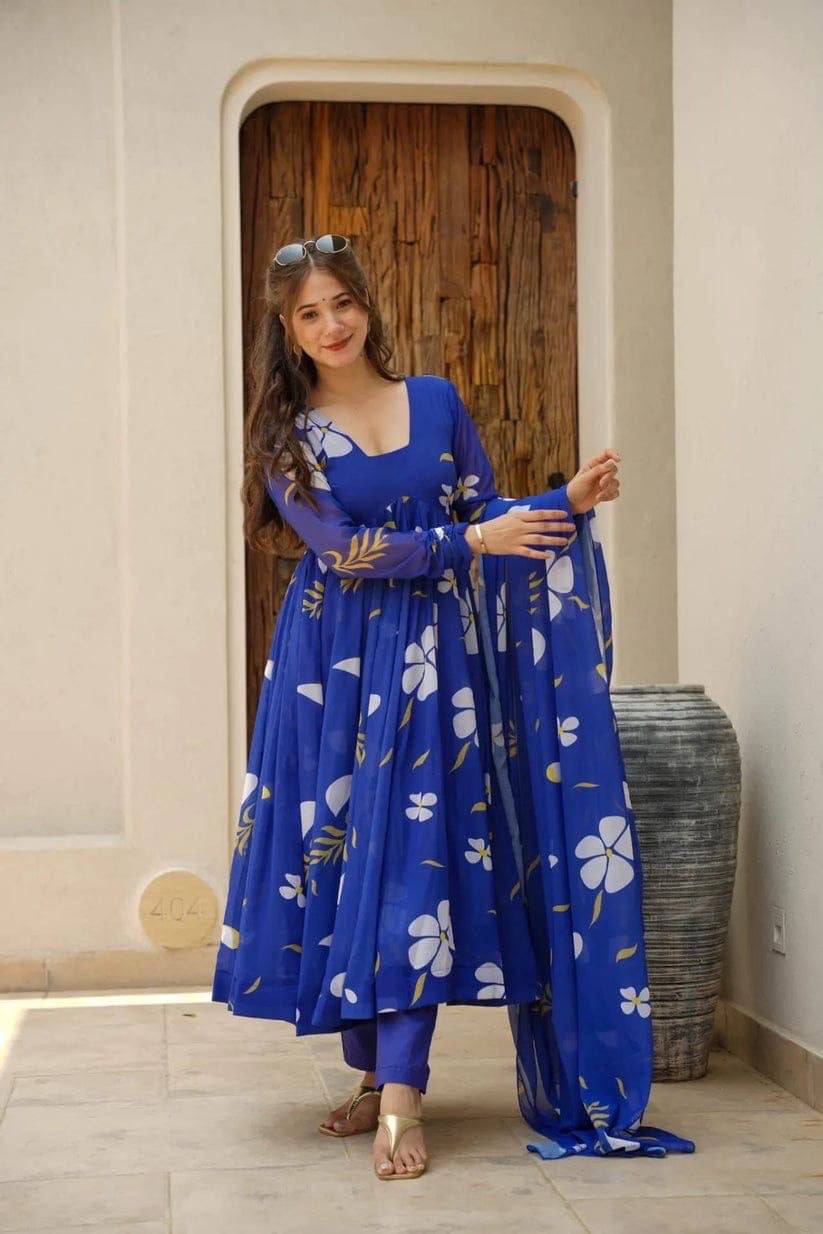 Royal Blue Floral Anarkali Kurta Set with Dupatta
