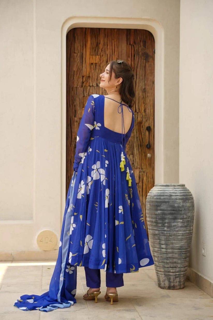 Royal Blue Floral Anarkali Kurta Set with Dupatta