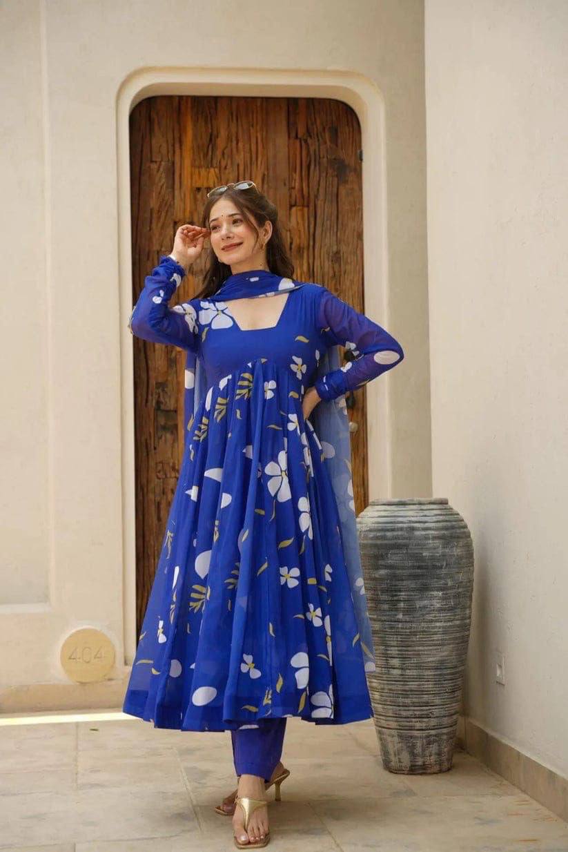 Royal Blue Floral Anarkali Kurta Set with Dupatta
