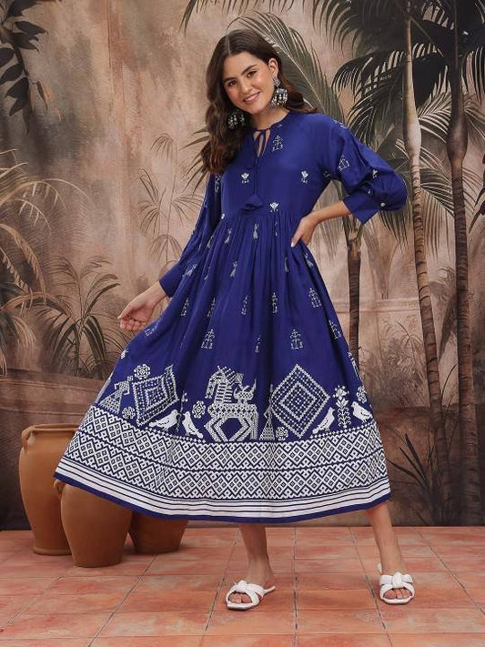 Royal Blue Tribal Print Cotton Maxi Dress for Women