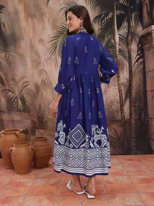 Royal Blue Tribal Print Cotton Maxi Dress for Women