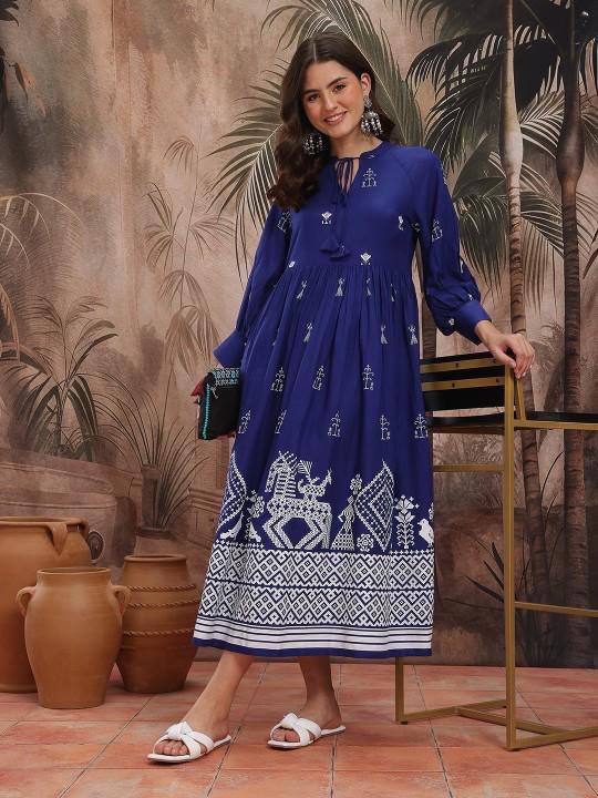Royal Blue Tribal Print Cotton Maxi Dress for Women