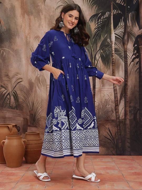 Royal Blue Tribal Print Cotton Maxi Dress for Women