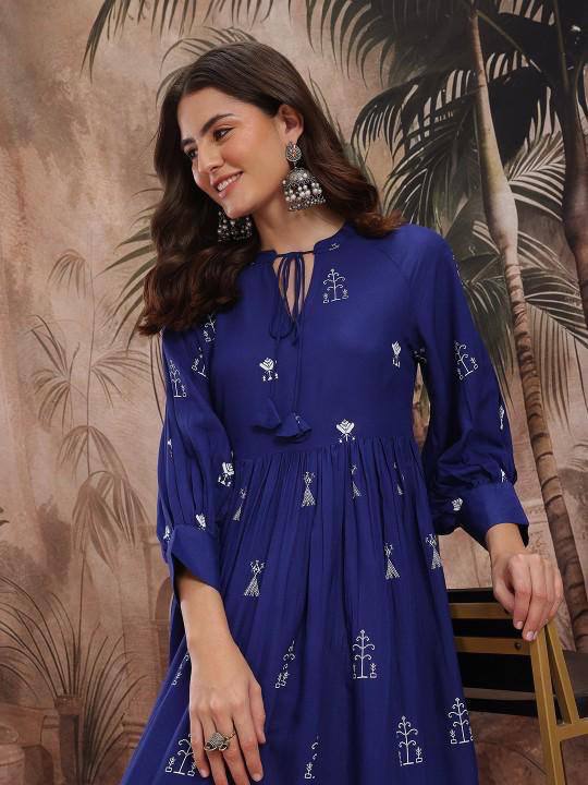 Royal Blue Tribal Print Cotton Maxi Dress for Women