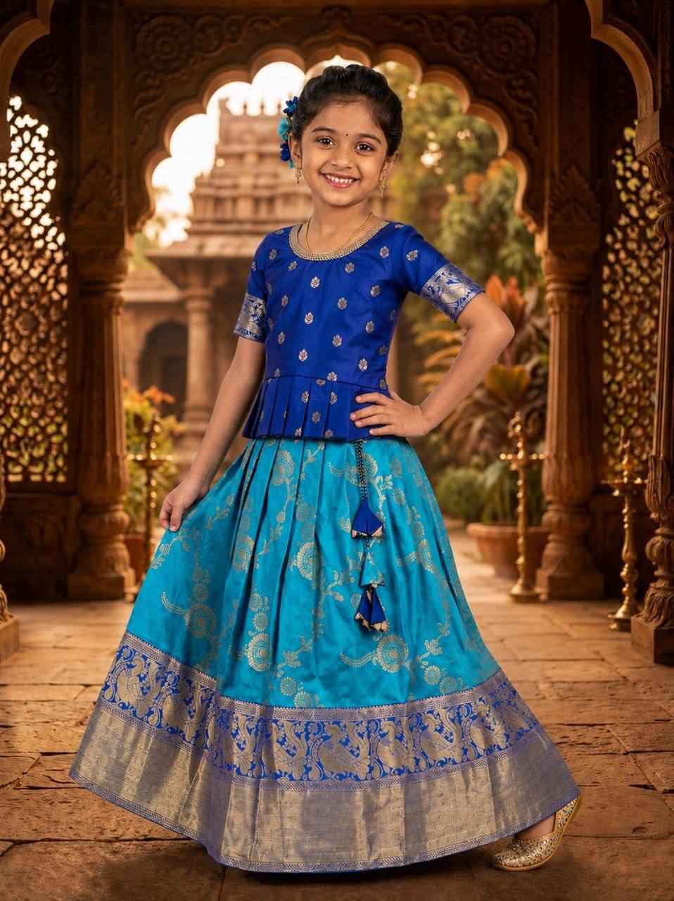 Royal Blue & Turquoise Silk Peplum Lehenga Set for Girls